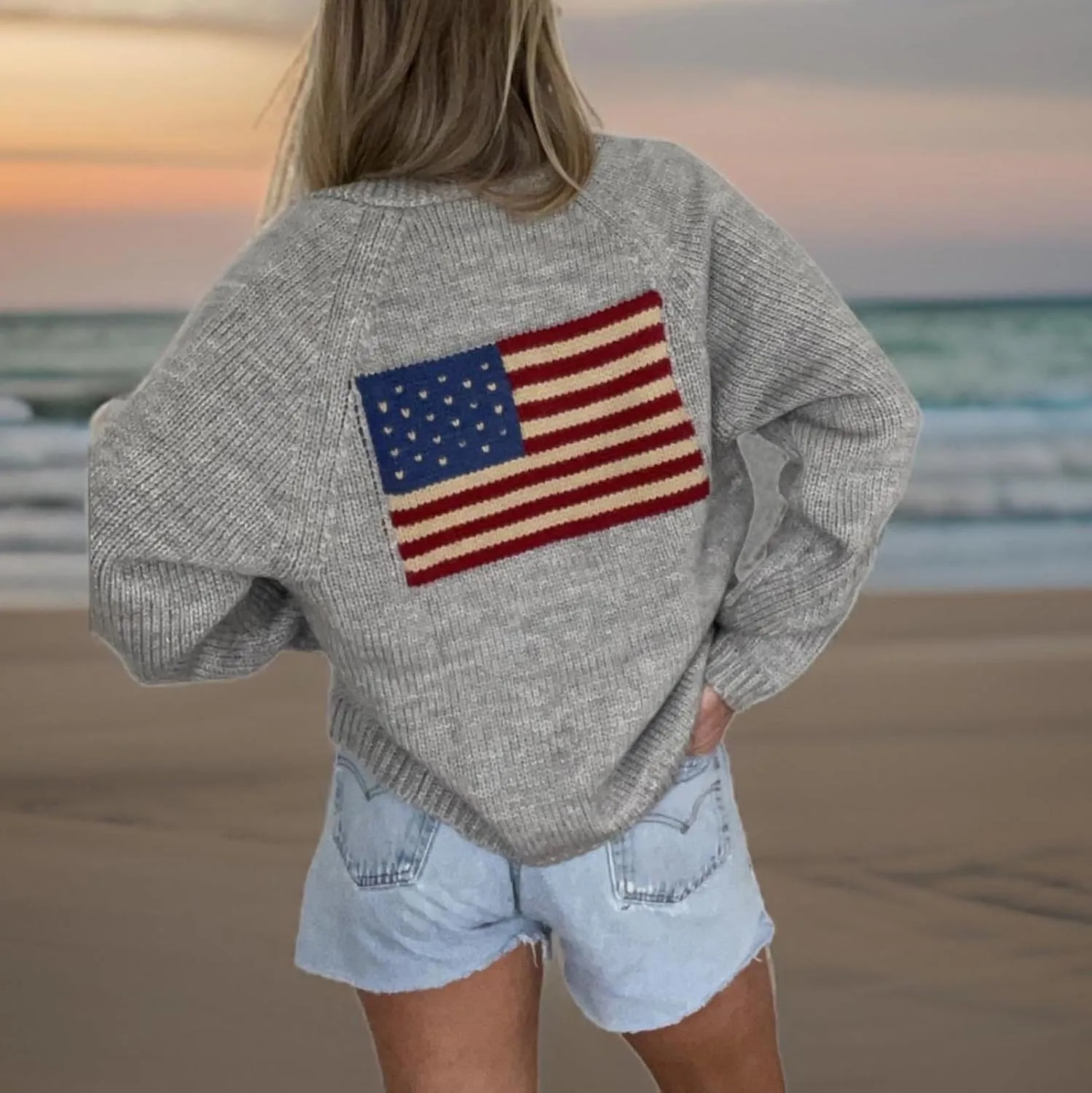 Womens American Flag Sweater Cardigan USA Flag Star Stripe Long Sleeve Knitted Casual Knitwear Sweaters