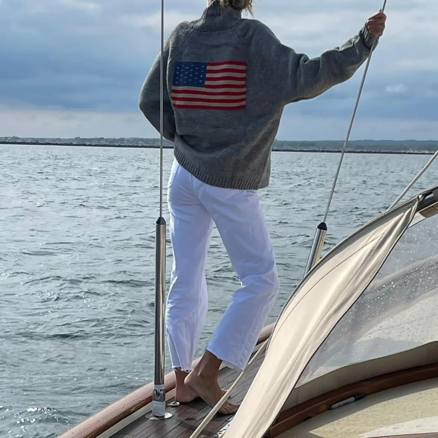 Womens American Flag Sweater Cardigan USA Flag Star Stripe Long Sleeve Knitted Casual Knitwear Sweaters