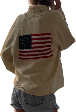 Womens American Flag Sweater Cardigan USA Flag Star Stripe Long Sleeve Knitted Casual Knitwear Sweaters