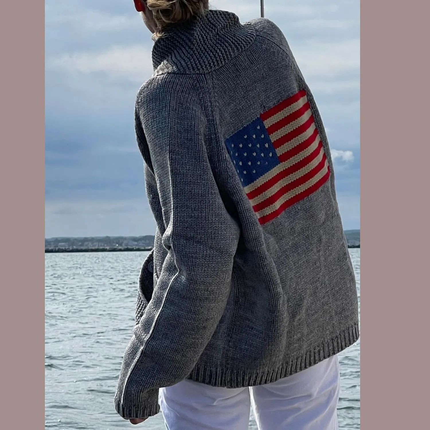 Womens American Flag Sweater Cardigan USA Flag Star Stripe Long Sleeve Knitted Casual Knitwear Sweaters