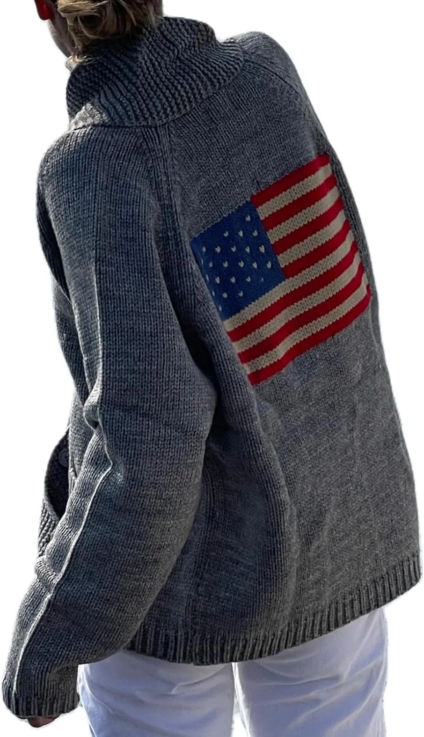 Womens American Flag Sweater Cardigan USA Flag Star Stripe Long Sleeve Knitted Casual Knitwear Sweaters