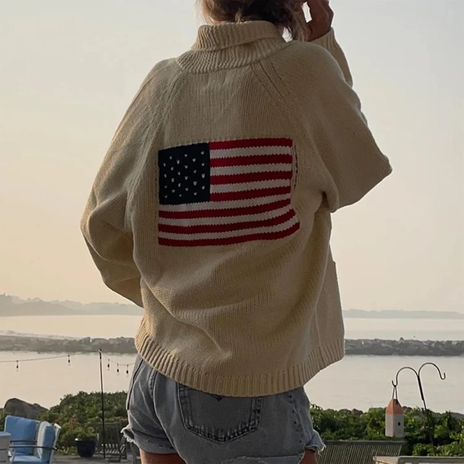 Womens American Flag Sweater Cardigan USA Flag Star Stripe Long Sleeve Knitted Casual Knitwear Sweaters