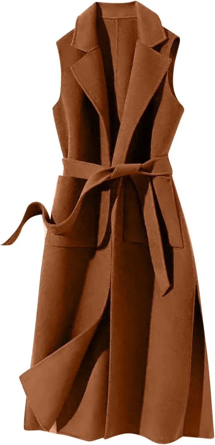 Women's Autumn and Winter Vest Lapel Solid Color Strap Long Vest Coat Sleeveless Padded Trench Wool Coats for Women