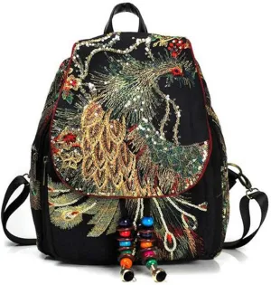 Women's Backpack Ethnic Style Sequins Peacock Embroidery Shoulder Bags Travel Canvas Daypack