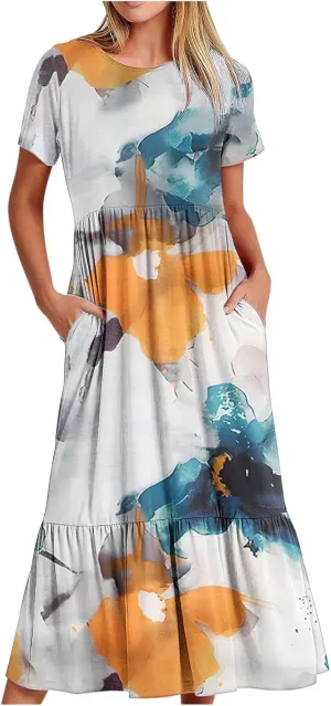 Womens Boho Floral Dresses with Pockets Casual Short Sleeve Crewneck Swing Ruffle Maxi Dress 2025 Summer Sundresses