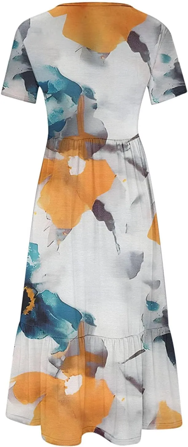 Womens Boho Floral Dresses with Pockets Casual Short Sleeve Crewneck Swing Ruffle Maxi Dress 2025 Summer Sundresses