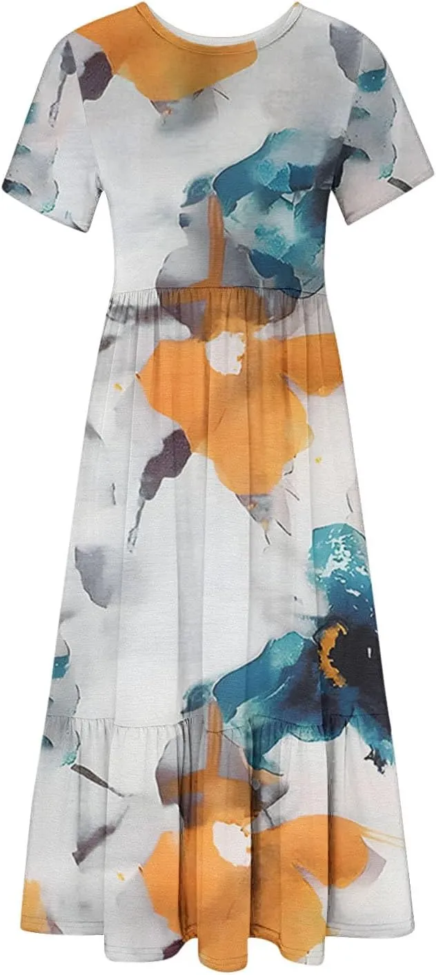 Womens Boho Floral Dresses with Pockets Casual Short Sleeve Crewneck Swing Ruffle Maxi Dress 2025 Summer Sundresses