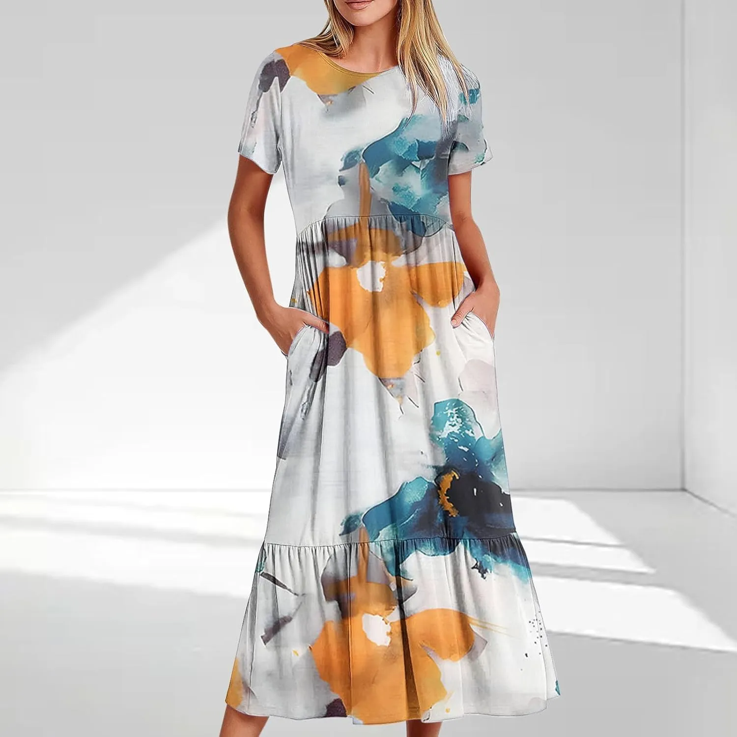 Womens Boho Floral Dresses with Pockets Casual Short Sleeve Crewneck Swing Ruffle Maxi Dress 2025 Summer Sundresses