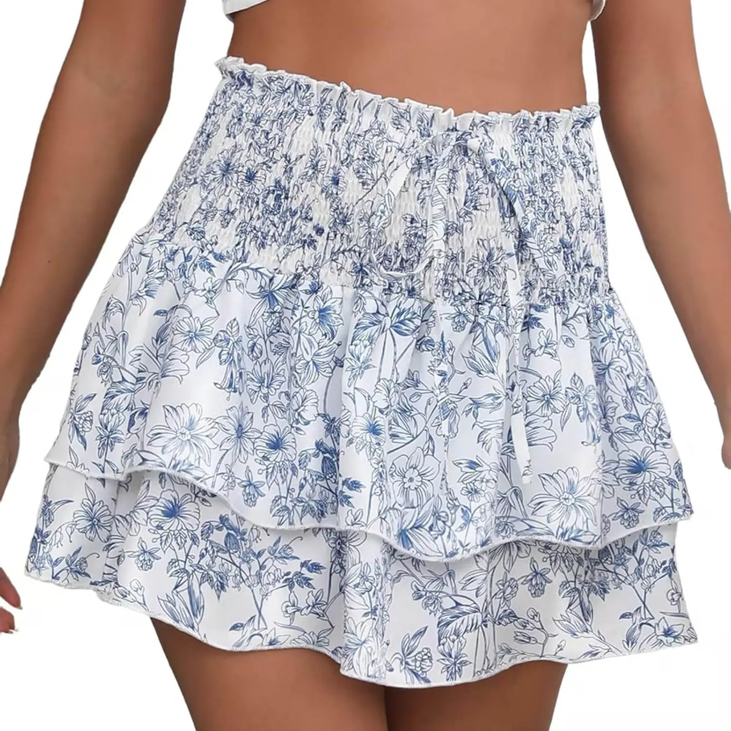 Women's Boho Ruffle Mini Skirt Summer Print Floral Tiered Short Skirt Casual High Waist Flowy Pleated Skirt Boho Floral Skort