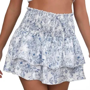 Women's Boho Ruffle Mini Skirt Summer Print Floral Tiered Short Skirt Casual High Waist Flowy Pleated Skirt Boho Floral Skort