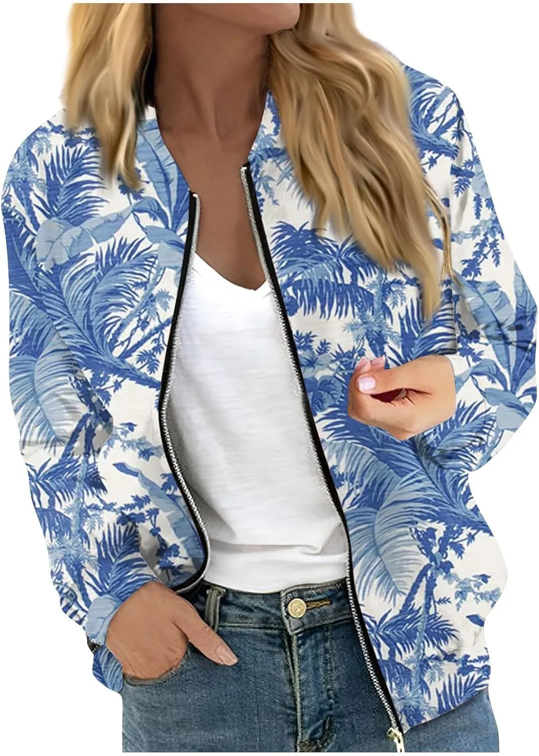 Women's Bomber Jacket Long Sleeve Casual Coat Zip Up Outerwear Windbreaker with Pockets