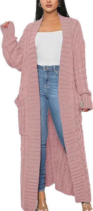 Women's Cable Knit Maxi Cardigan Long Cardigan Sweater Open Front Chunky Knitwear Coat with Pockets