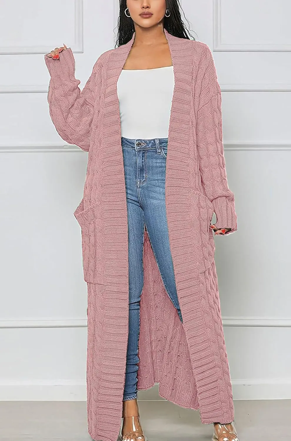 Women's Cable Knit Maxi Cardigan Long Cardigan Sweater Open Front Chunky Knitwear Coat with Pockets