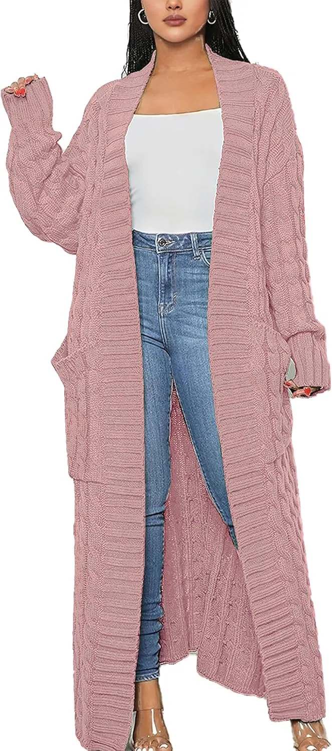Women's Cable Knit Maxi Cardigan Long Cardigan Sweater Open Front Chunky Knitwear Coat with Pockets