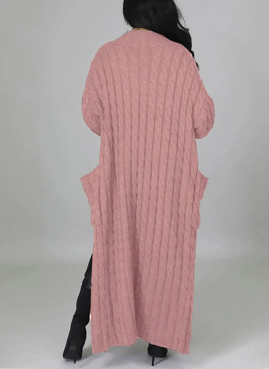 Women's Cable Knit Maxi Cardigan Long Cardigan Sweater Open Front Chunky Knitwear Coat with Pockets