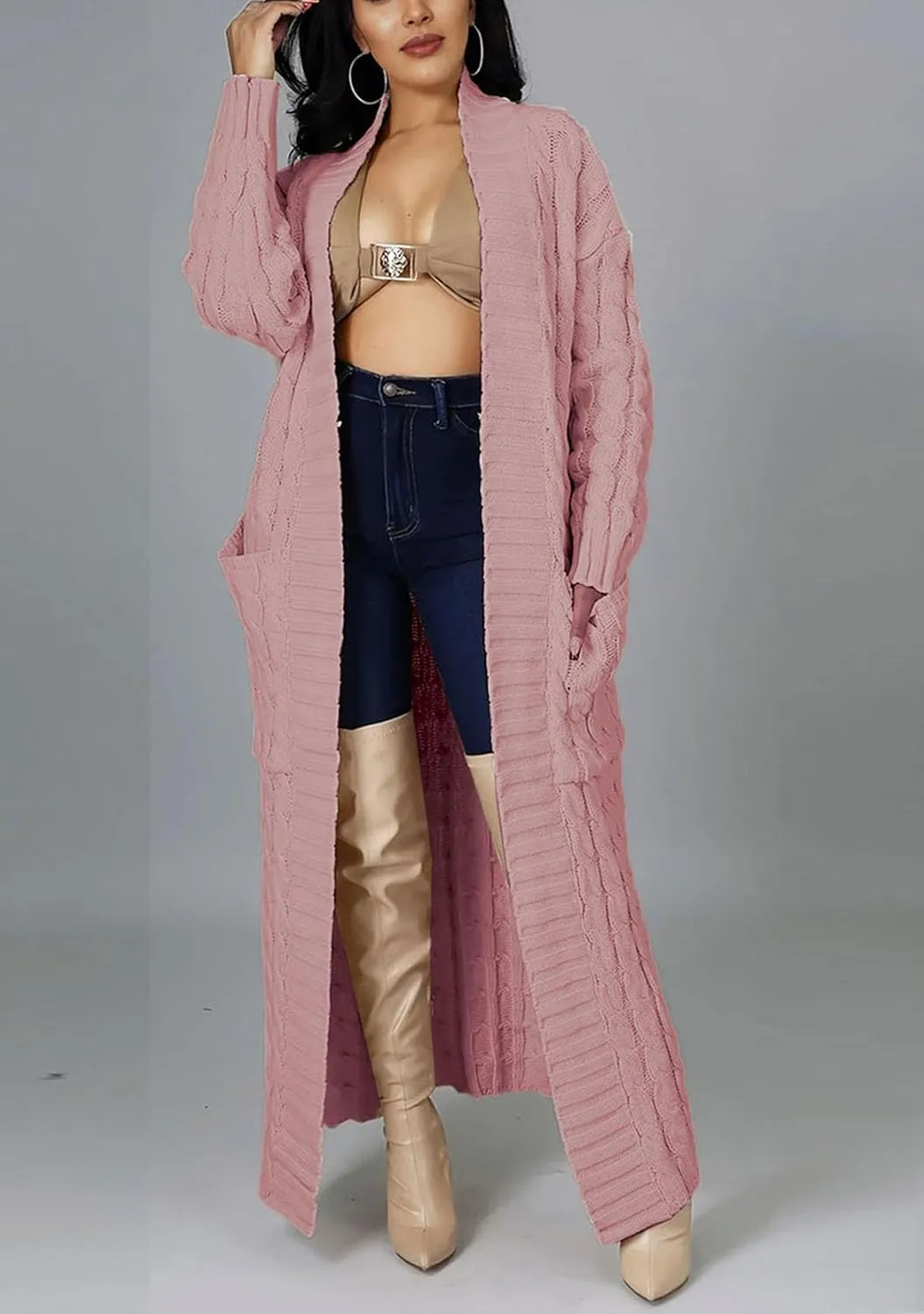 Women's Cable Knit Maxi Cardigan Long Cardigan Sweater Open Front Chunky Knitwear Coat with Pockets