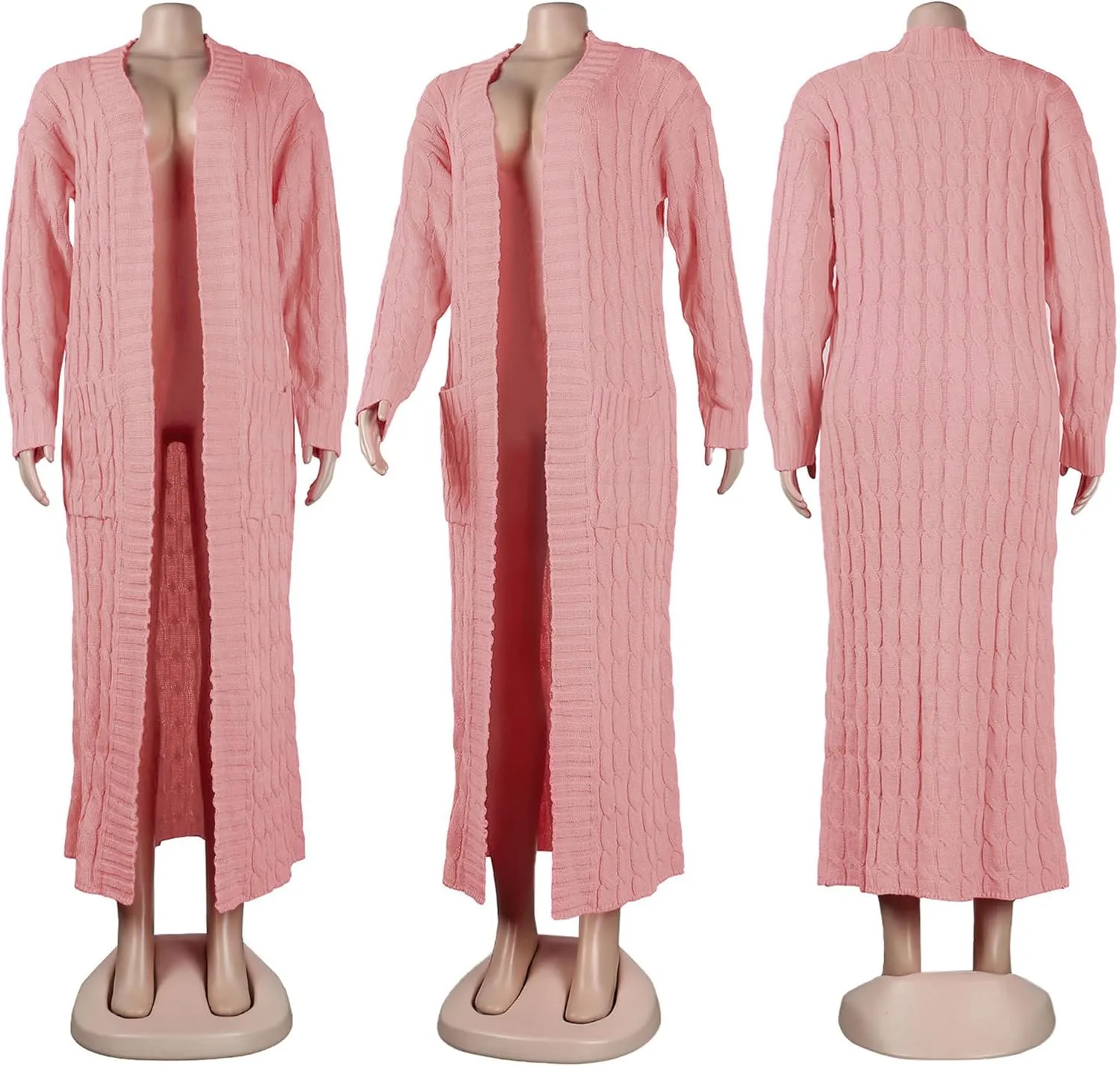 Women's Cable Knit Maxi Cardigan Long Cardigan Sweater Open Front Chunky Knitwear Coat with Pockets