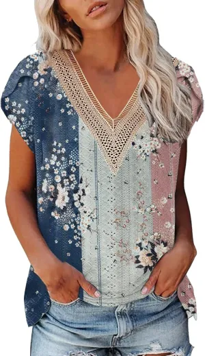 Women's Cap Sleeve Lace Trim Deep V Neck Casual Shirts 2024 Trendy Loose Tee Summer Fashion Sexy Shirt Blouse