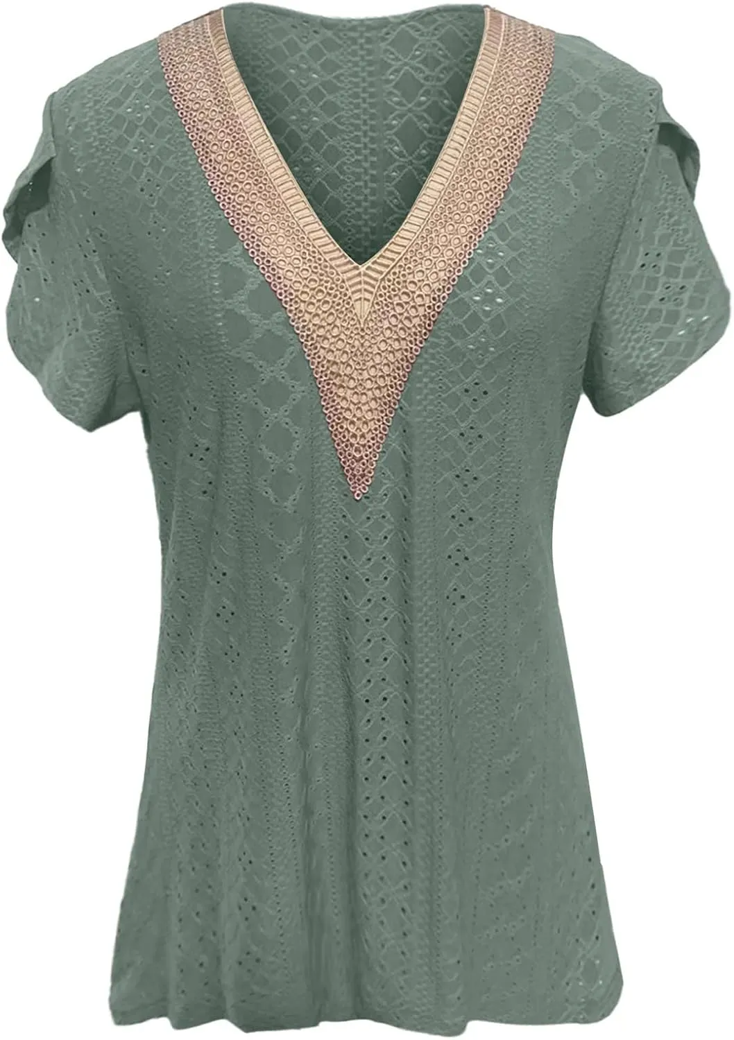 Women's Cap Sleeve Lace Trim Deep V Neck Casual Shirts 2024 Trendy Loose Tee Summer Fashion Sexy Shirt Blouse