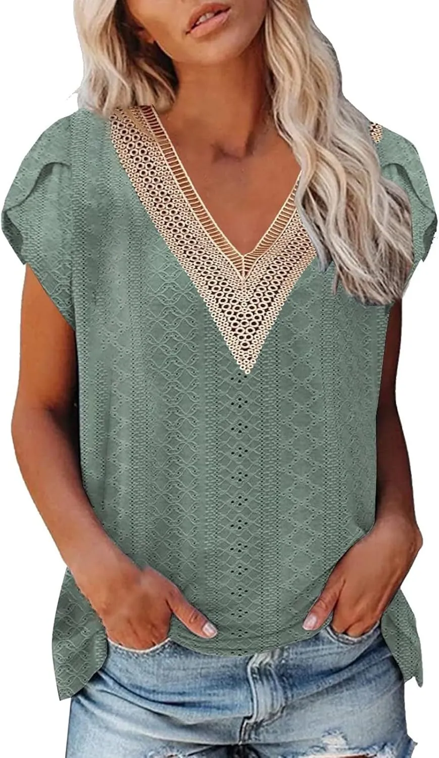 Women's Cap Sleeve Lace Trim Deep V Neck Casual Shirts 2024 Trendy Loose Tee Summer Fashion Sexy Shirt Blouse