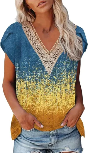 Women's Cap Sleeve Lace Trim Deep V Neck Casual Shirts 2024 Trendy Loose Tee Summer Fashion Sexy Shirt Blouse