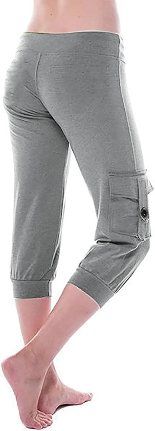 Women's Cargo Capri Pants Drawstring High Waist Casual Pockets Joggers 2025 Trendy Relaxed Fit Trousers