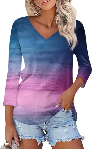 Womens Casual 3/4 Sleeve T-Shirts Sexy V Neck Loose Fit Tunic Tops Cute Basic Tees Blouses Pullover Tops