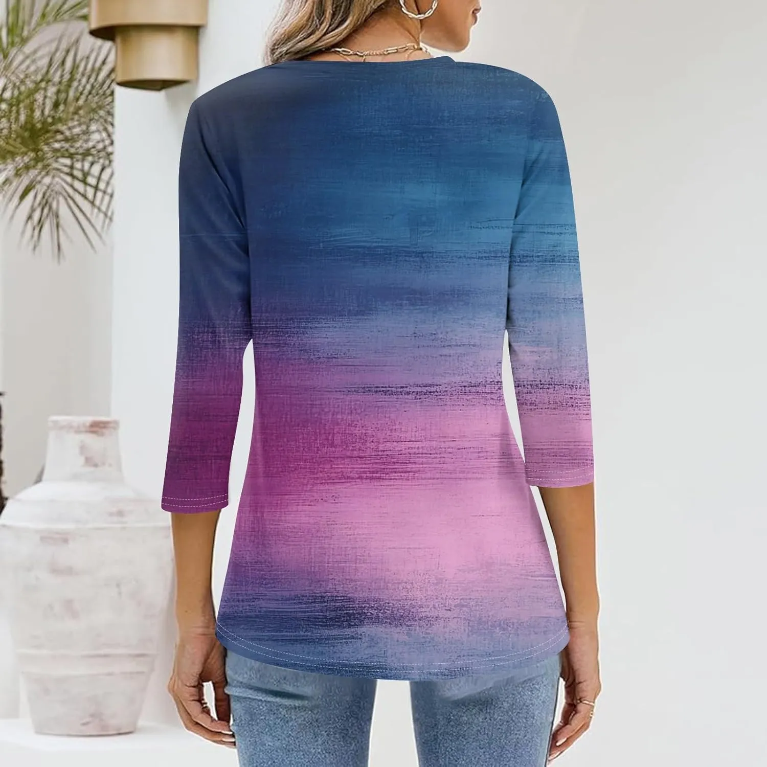 Womens Casual 3/4 Sleeve T-Shirts Sexy V Neck Loose Fit Tunic Tops Cute Basic Tees Blouses Pullover Tops