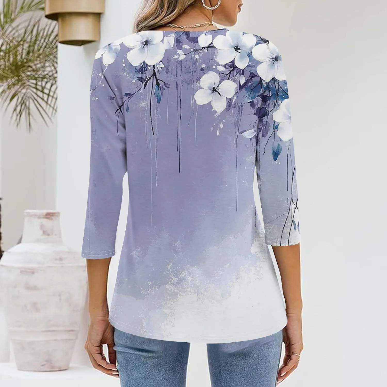 Womens Casual 3/4 Sleeve T-Shirts Sexy V Neck Loose Fit Tunic Tops Cute Basic Tees Blouses Pullover Tops