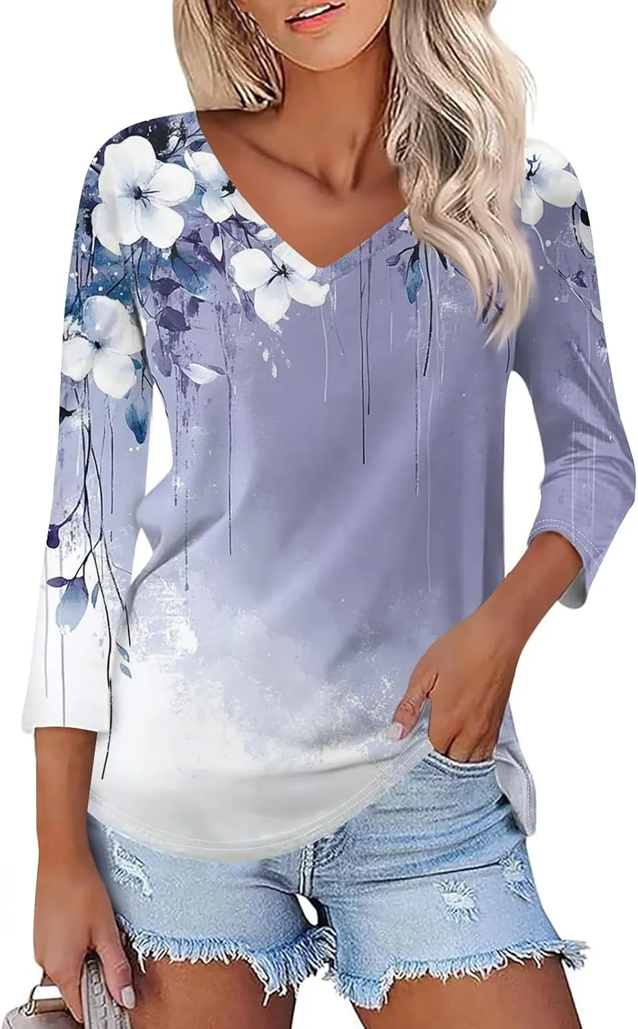 Womens Casual 3/4 Sleeve T-Shirts Sexy V Neck Loose Fit Tunic Tops Cute Basic Tees Blouses Pullover Tops