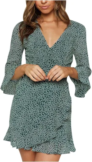 Women's Casual Floral Mini Dress Ruffle Relaxed Fit Dress Lightweight Breathable V Neck Slim Flowy Dress