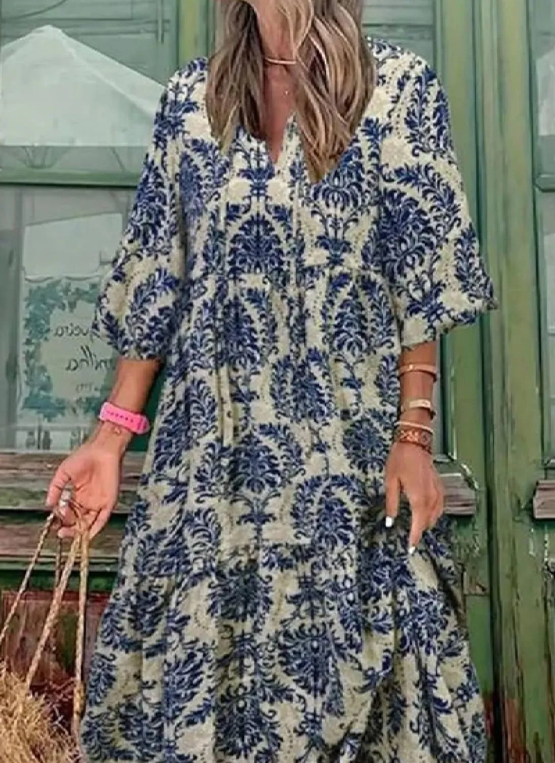 Women's Casual Loose Bohemian V Neck 3/4 Sleeve Maxi Dress Summer Geometric Pattern Beach Dresses Boho Long Sundress