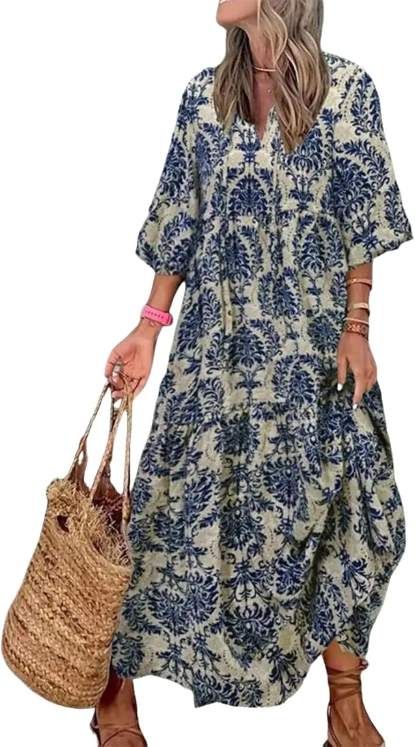 Women's Casual Loose Bohemian V Neck 3/4 Sleeve Maxi Dress Summer Geometric Pattern Beach Dresses Boho Long Sundress