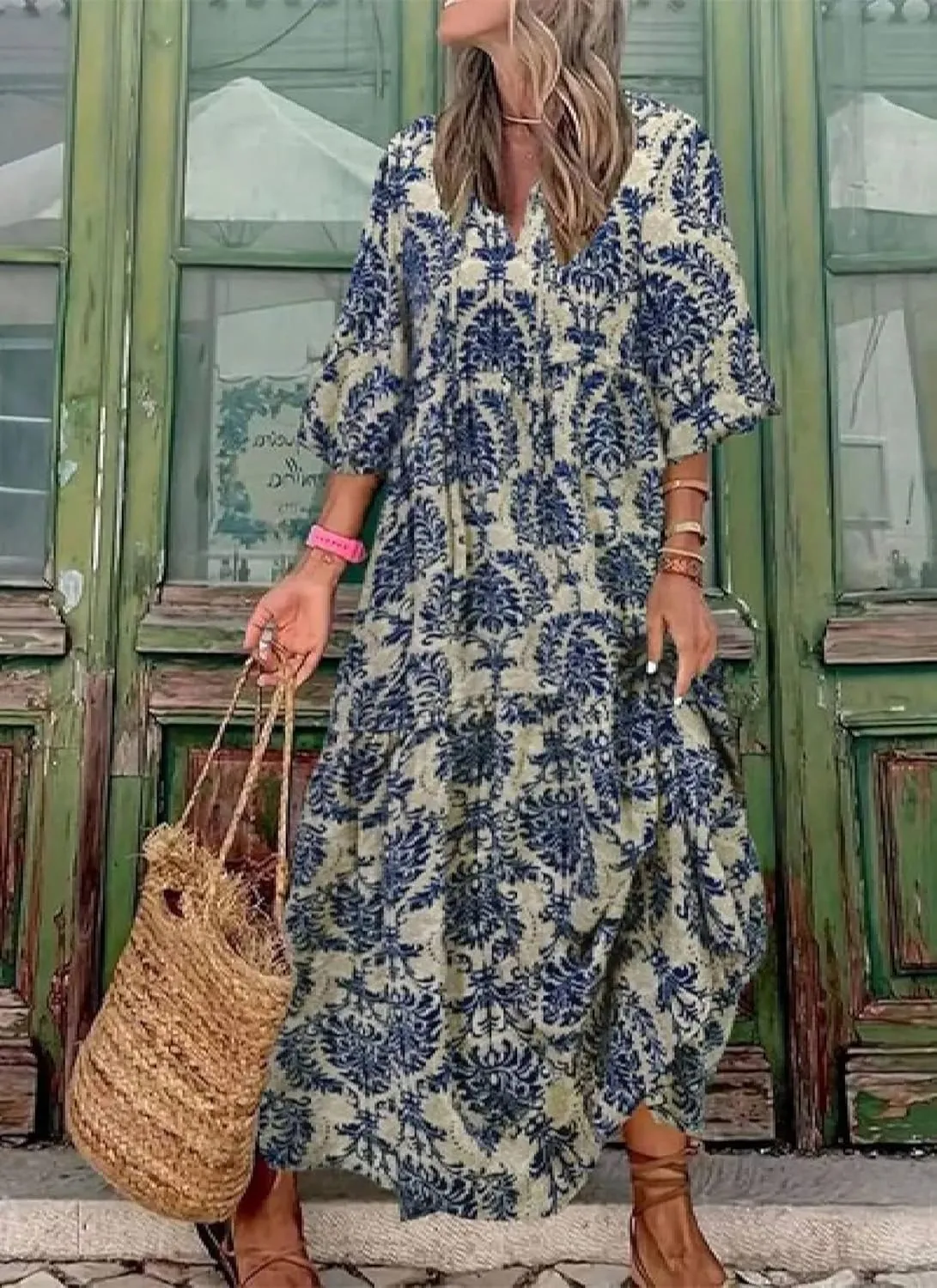 Women's Casual Loose Bohemian V Neck 3/4 Sleeve Maxi Dress Summer Geometric Pattern Beach Dresses Boho Long Sundress