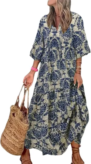 Women's Casual Loose Bohemian V Neck 3/4 Sleeve Maxi Dress Summer Geometric Pattern Beach Dresses Boho Long Sundress