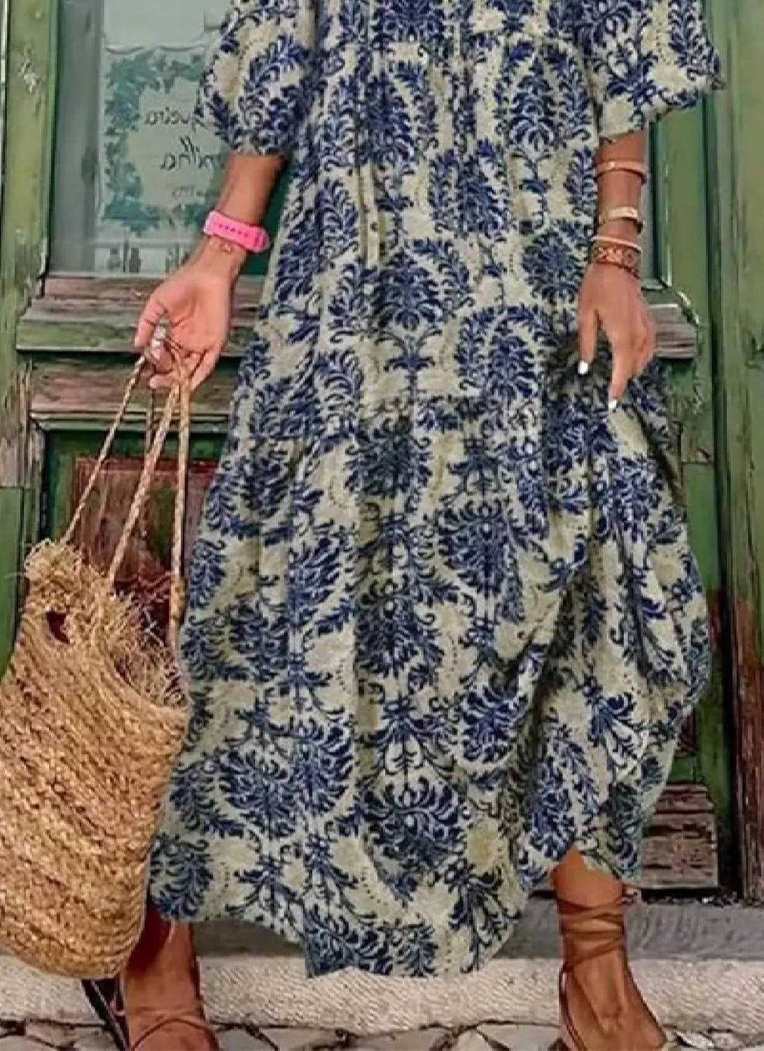 Women's Casual Loose Bohemian V Neck 3/4 Sleeve Maxi Dress Summer Geometric Pattern Beach Dresses Boho Long Sundress