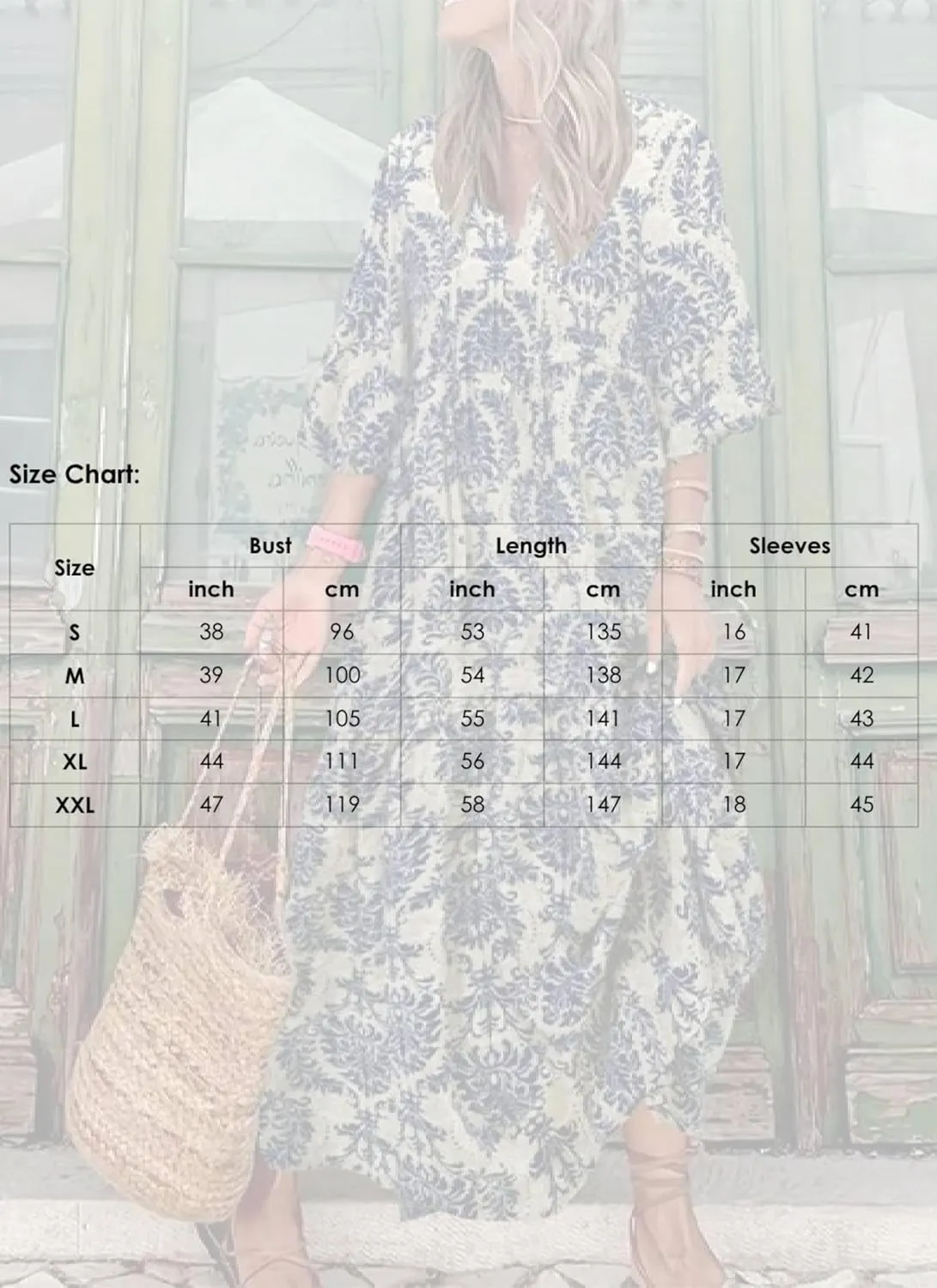 Women's Casual Loose Bohemian V Neck 3/4 Sleeve Maxi Dress Summer Geometric Pattern Beach Dresses Boho Long Sundress