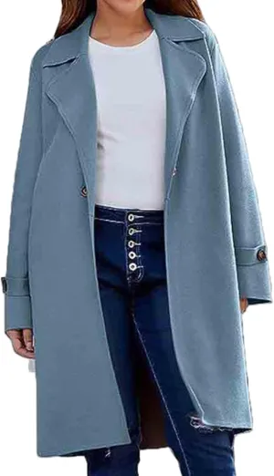 Women's Casual Notch Lapel Wool Blend Coat Single Breasted Long Winter Warm Trench Pea Coat