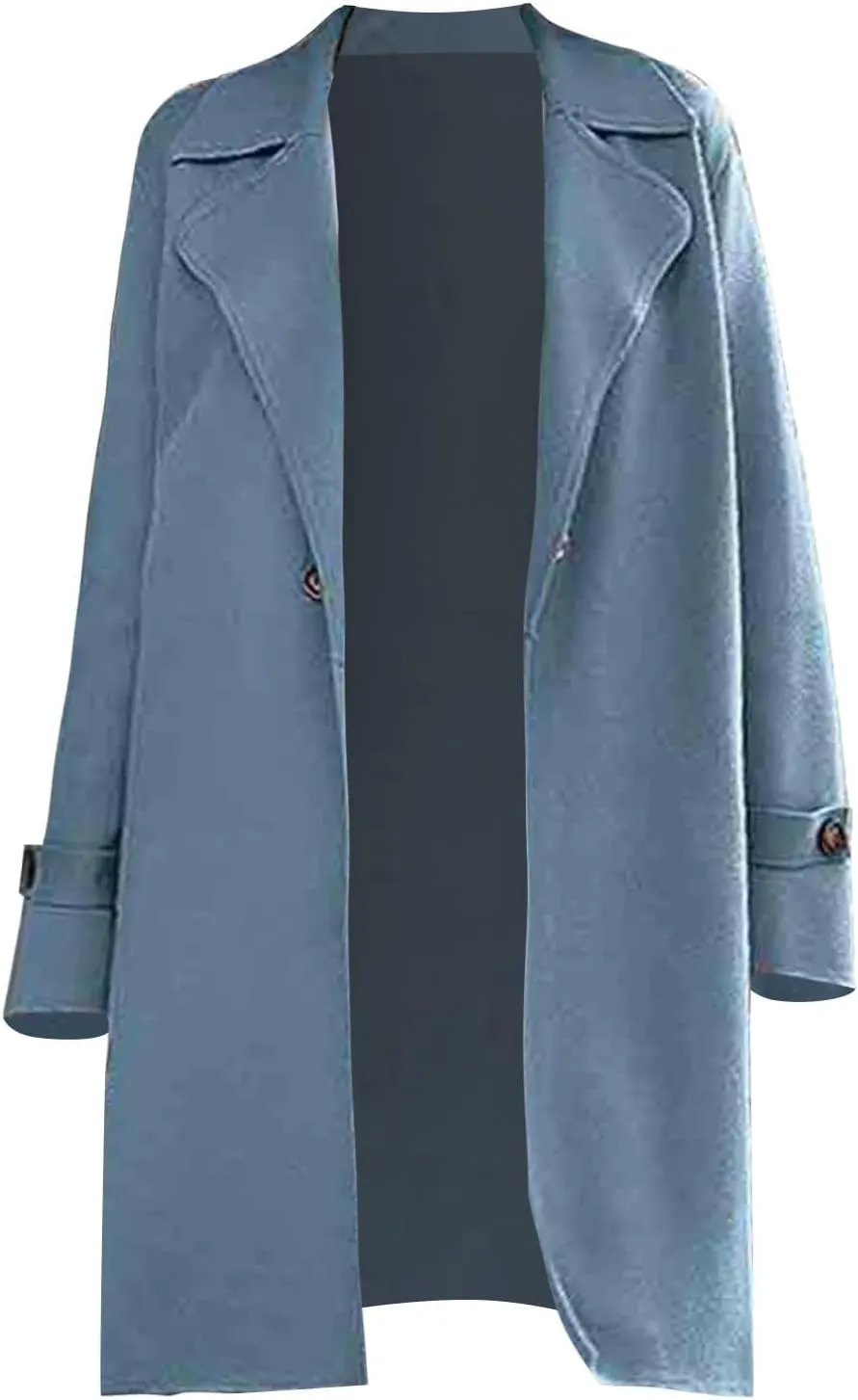 Women's Casual Notch Lapel Wool Blend Coat Single Breasted Long Winter Warm Trench Pea Coat