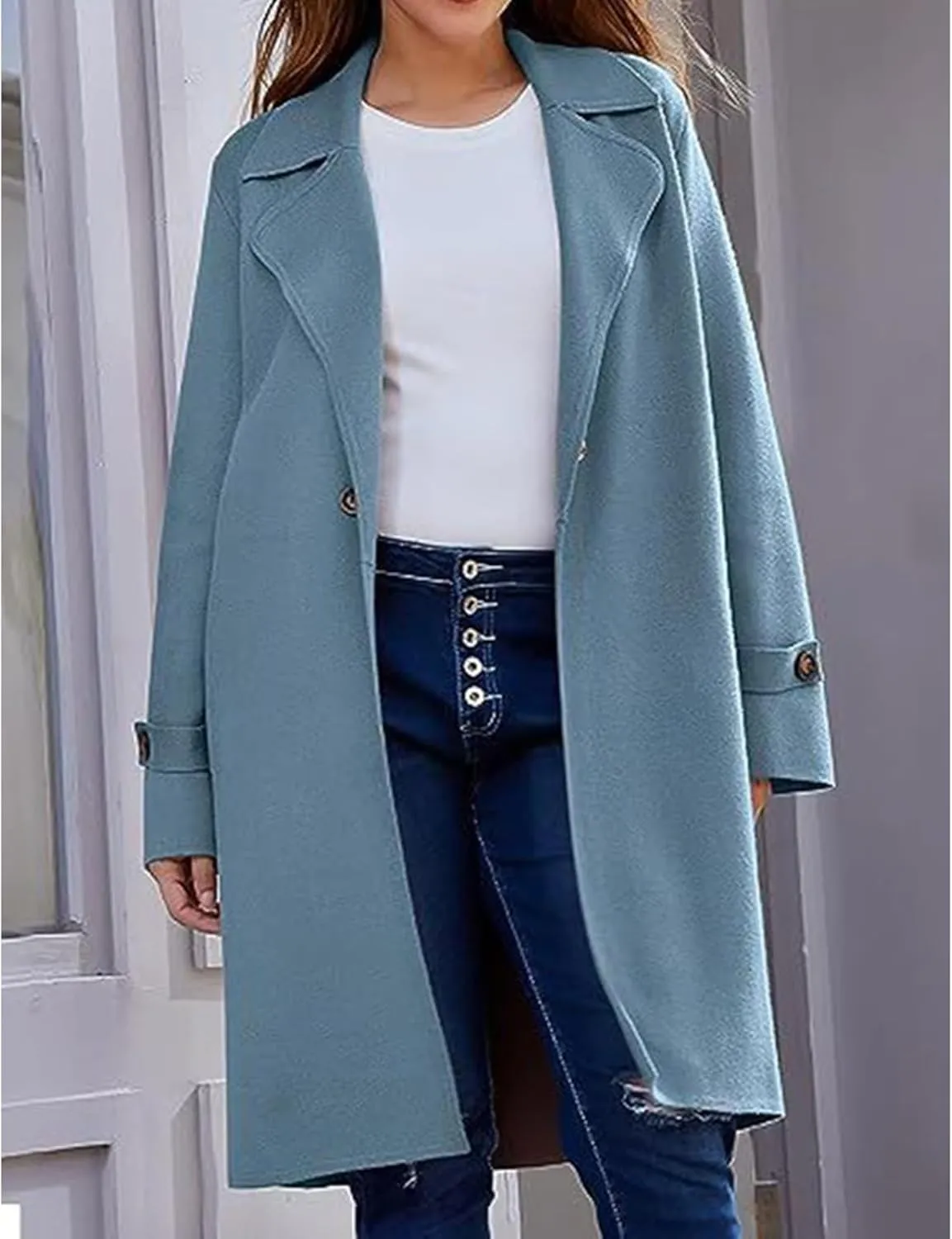 Women's Casual Notch Lapel Wool Blend Coat Single Breasted Long Winter Warm Trench Pea Coat