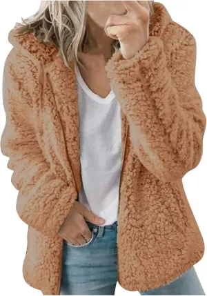 Womens Casual Plush Warm Winter Jacket Fuzzy Fleece Hooded Trench Fashion Hoodie Long Sleeve Zip Up Open Front Cardigan