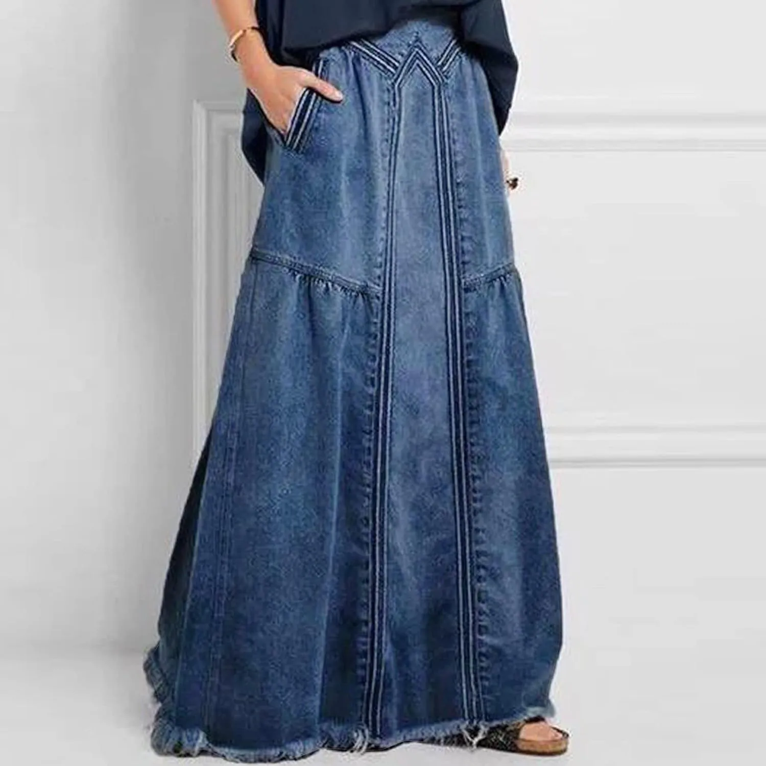 Women's Casual Skirts Women Fashion Denim Pencil Skirt High Waisted Blow Knee Blue Jeans Skirts Plaid Skirt for