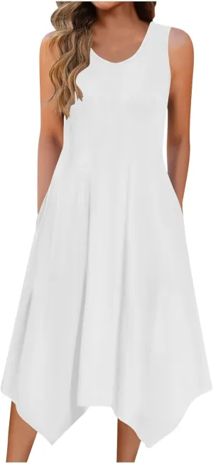 Womens Casual Summer Beach Sundresses Crewneck Sleeveless Flowy Tank Dress Aesthetic Vacation Irregular Dress Pockets