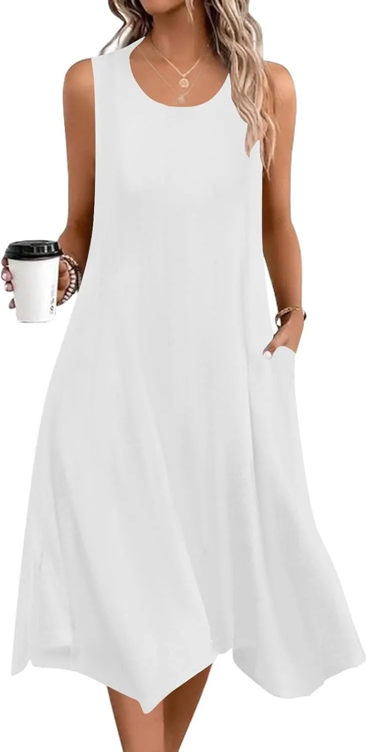 Womens Casual Summer Beach Sundresses Crewneck Sleeveless Flowy Tank Dress Aesthetic Vacation Irregular Dress Pockets