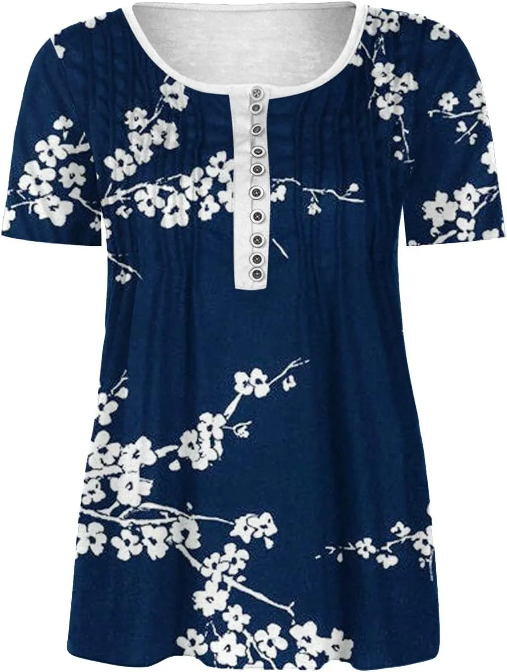 Womens Casual Summer Tunic Shirts Button v Neck Floral Print t-Shirt Empire Waist Fashion Tops Blouses