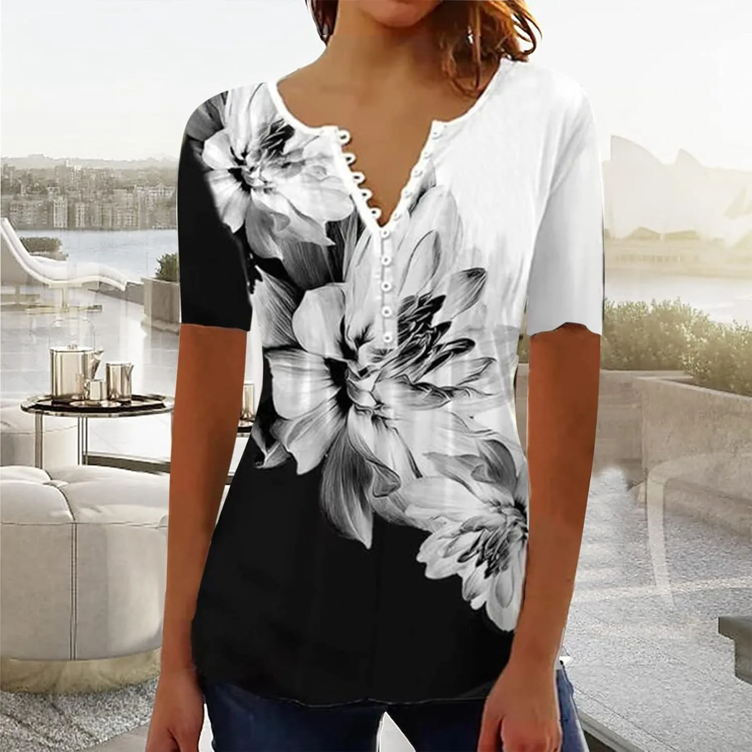 Womens Casual Summer Tunic Shirts Button v Neck Floral Print t-Shirt Empire Waist Fashion Tops Blouses