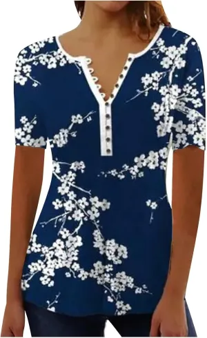 Womens Casual Summer Tunic Shirts Button v Neck Floral Print t-Shirt Empire Waist Fashion Tops Blouses