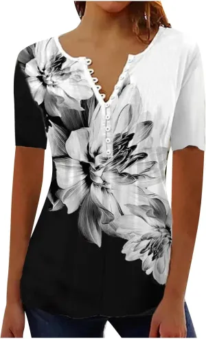 Womens Casual Summer Tunic Shirts Button v Neck Floral Print t-Shirt Empire Waist Fashion Tops Blouses