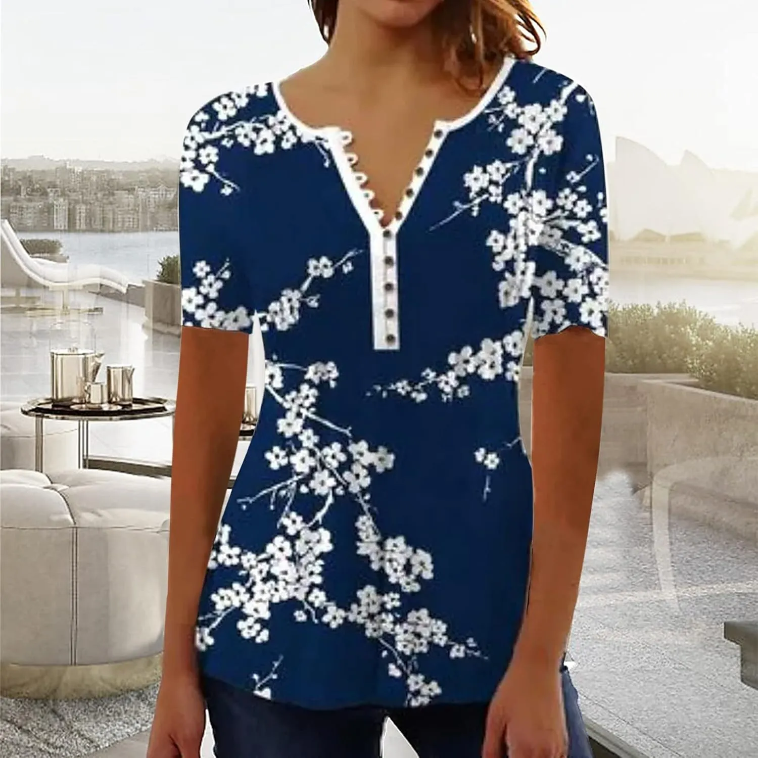 Womens Casual Summer Tunic Shirts Button v Neck Floral Print t-Shirt Empire Waist Fashion Tops Blouses