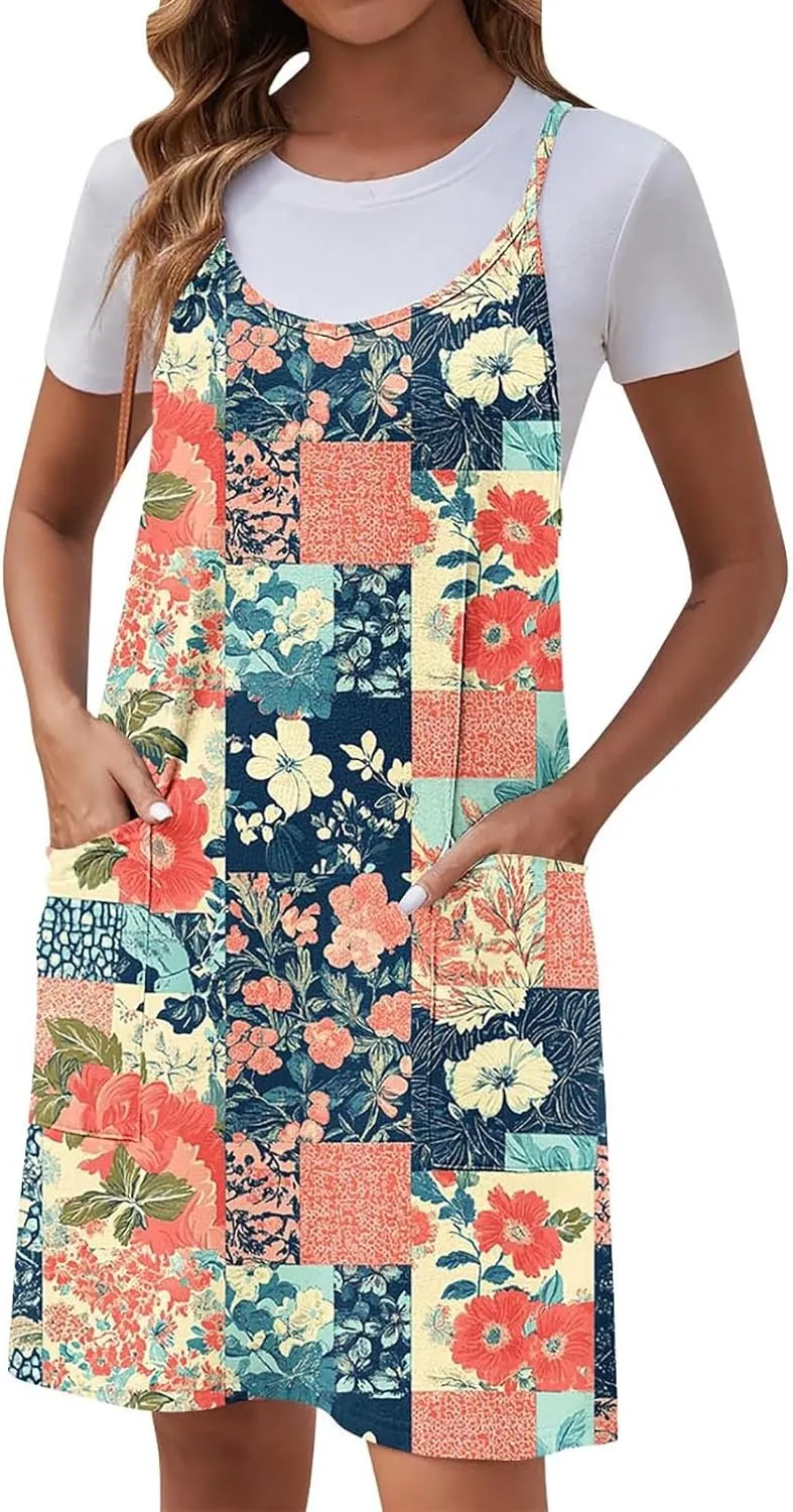 Womens Casual Sundress Trendy Flower Pattern Print Summer Dresses Sleeveless Loose Vacation Beach Dress